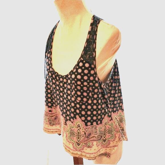 BOHEMIAN Summer Top Sz Large BLUE Racer Back with LACE BACK  EXOTIC BOHO PATTERN - Picture 12 of 14